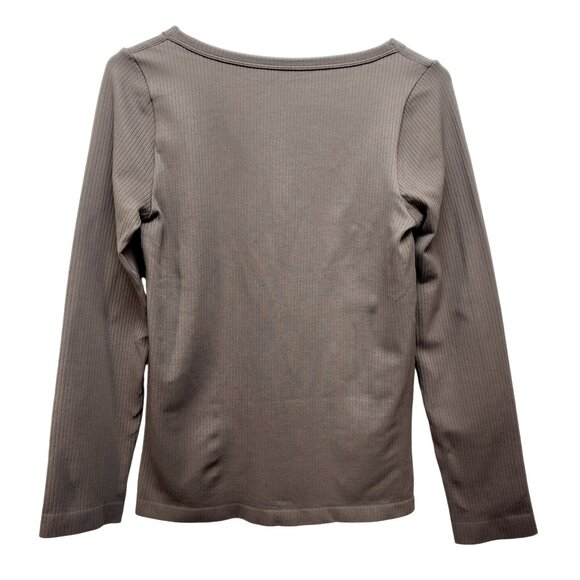 OQQ Long-Sleeve Brown Ribbed Henley Top With Button Detail Size M - Picture 2 of 9